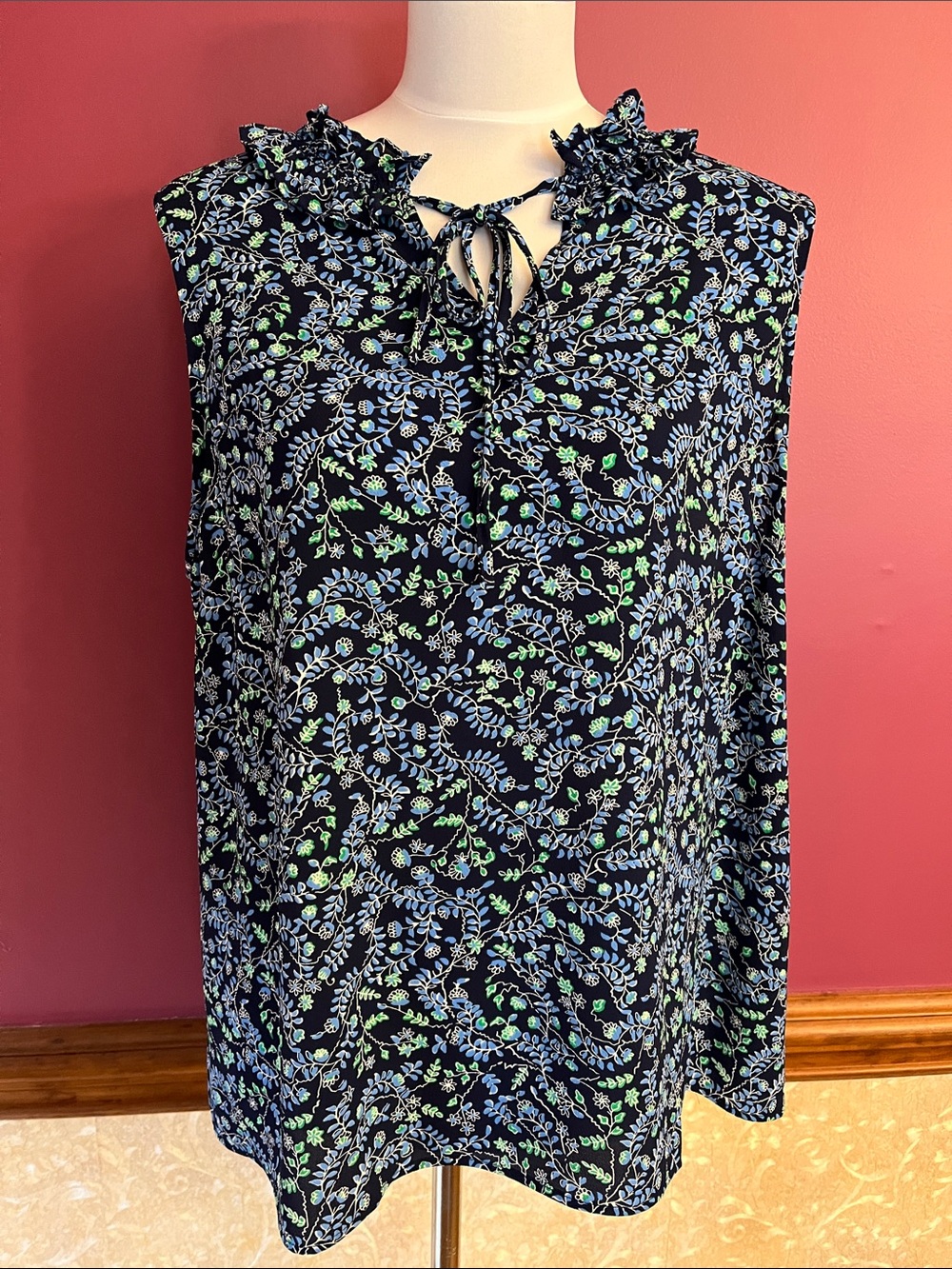 Talbots Navy Floral Ruffle Tie-Front Sleeveless Blouse